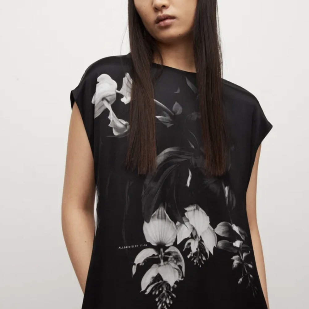 All Saints Black Asymmetrical Floral Midi Dress - Picture 3 of 11